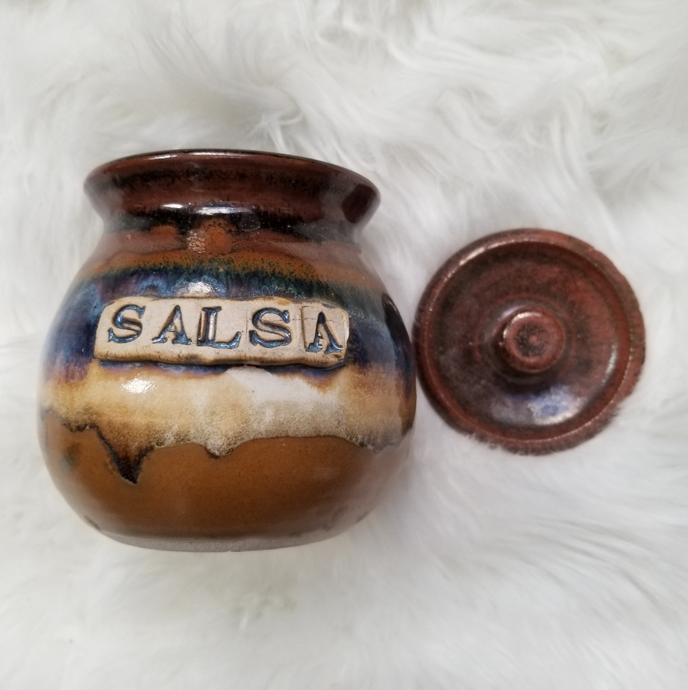 Artisian SALSA Stamped Hand Thrown Pottery Lidded Jar Container Glazed